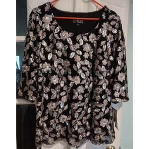 NWT Alex Evenings Womens Metallic Sequin Floral Top 1X Festive Christmas Elegant